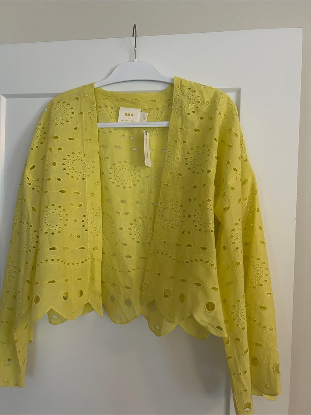 Maeve Lemon Yellow Eyelet Scalloped Openwork Cardigan